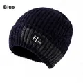 Bonnet en maille rayé bleu marine pour hommes avec doublure polaire pour chaleur et coupe-vent - Élastique 56-60cm / Bleu