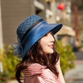 Détail d'un chapeau de soleil en paille bleu marine avec maille respirante et nœud résille - Taille Unique 58cm / Bleu Marine