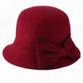 Chapeau cloche élégant en laine bordeaux pour femme avec un nœud à carreaux chic - Taille unique / Bordeaux