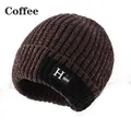 Bonnet en tricot marron café pour homme doublé de polaire avec écusson vintage - Élastique 56-60cm / café