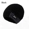 Bonnet en maille chenille noire pour homme avec doublure polaire et motif côtelé - Élastique 56-60cm / Noir