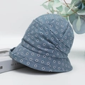 Breathable cotton daisy floral bucket hat for women in blue with pleated sun protection brim - Adjustable / Grey Blue