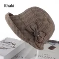 Chapeau cloche en tricot kaki à carreaux pour femme avec nœud et bouton rétro - Réglable 57-59cm / Kaki