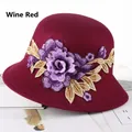 Chapeau cloche élégant en laine bordeaux pour femme avec broderie florale violette - Ajustable 57-58cm / Bordeaux