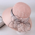 Detail of pink knitted sun hat with large organza flower and mesh ribbon trim - One Size 58cm / Light Pink