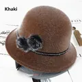 Detailed texture of khaki faux fur cloche hat with fuzzy pom-poms and wave ribbon - Adjustable 56-59cm / Khaki