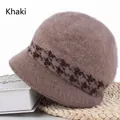 Chapeau cloche d'hiver kaki en maille avec fausse fourrure et ruban géométrique - 56-59cm / Kaki