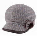 Vintage checkered wool newsboy cap for women featuring side bow and plush pom decoration - Adjustable 57-59cm / Gray