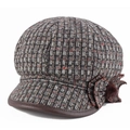 Retro plaid tweed octagonal hat with leather brim and side pom-pom flower detail - Adjustable 57-59cm / Black