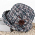 Detail of blue plaid bucket hat for women with fabric flower and brown fur pom-pom - Light Blue