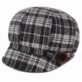 Vintage checkered octagonal baker boy hat for women with a brown faux fur pompom - Adjustable 56-59cm / Black & White