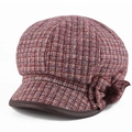 Red-brown plaid newsboy cap with side bow, fur ball detail and leather brim edge - Adjustable 57-59cm / Pink