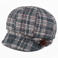 Winter vintage plaid octagonal beret hat with colorful tweed pattern and faux fur pompom - Adjustable 56-59cm / Light Blue