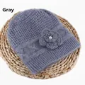 Winter grey knit beanie for women featuring a woven flower detail and pearl accent - Elastic 56-59cm / Gray