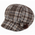 Women's padded octagonal newsboy hat in brown plaid wool with side fur ball and bow - Adjustable 56-59cm / Brown