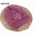 Detail of dusty pink knit hat with floral embellishment and pearl center on soft fabric - Elastic 56-59cm / Pink