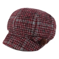 Winter tweed newsboy cap in red and black plaid with a brown faux fur pom-pom detail - Adjustable 56-59cm / Burgundy