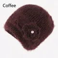 Detailed close-up of coffee brown knit hat featuring a fuzzy texture and pearl flower detail - Elastic 56-59cm / Coffee