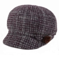 Detail of purple tweed newsboy cap with warm padded lining and side fur pompom decor - Adjustable 56-59cm / Purple