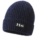 Detail of dark blue ribbed knit beanie with soft velvet texture and retro H logo patch - One Size / Blue