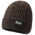 Detail of brown chenille knit beanie showing thick ribbed texture and stitched logo patch - One Size / Coffee