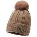 Bonnet d'hiver pour femme marron clair avec pompon en fausse fourrure et doublure - Élastique 56-60cm / Khaki