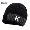 Detail of black winter knit beanie with soft chenille texture and grey accent stripe - Elastic 56-59cm / K Pattern (K Biao Black) / Black