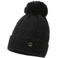 Bonnet d'hiver noir pour femme en maille torsadée avec pompon et badge souriant - Élastique 56-60cm / Noir