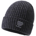 Detailed view of the dark grey ribbed knit beanie showing soft texture and textile label - One Size / DE Patch Gray