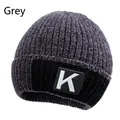 Detail of grey winter knit beanie with thick fleece lining and black 'K' logo patch - Elastic 56-59cm / K Pattern (K Biao Gray) / Gray
