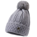 Bonnet en maille torsadée grise avec pompon en fourrure et badge métallique smiley - Élastique 56-60cm / Gris