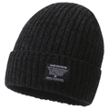 Close-up of black knit beanie featuring vertical ribbed texture and a design label - One Size / DE Patch Black