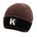 Detailed close-up of thick ribbed knit fabric and letter K patch on coffee winter beanie - Elastic 56-59cm / K Pattern (K Biao Coffee) / Coffee