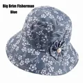 Detail of navy blue floral sun hat with fabric flower and pearl on the wide brim - Adjustable 56-58cm / Blue (Plum Blossom)