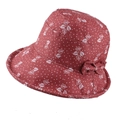 Close-up of red sun hat with white leaf print, bow detail, and cotton-linen texture - Adjustable 56-58cm / Dark Pink (Leaf Print)