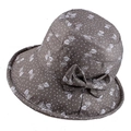 Detail of grey sun hat with white leaf print and a decorative side bow accessory - Adjustable 56-58cm / Grey (Leaf Print)
