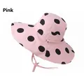 Pink wide brim sun hat with black polka dots and adjustable chin strap for women - One Size 58cm / Pink
