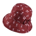 Close-up of dark red floral bucket hat with white leaf patterns and side bow detail - Adjustable 56-58cm / Red (Leaf Print)