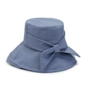 Morandi blue wide brim bucket hat for women featuring a large bow and woven texture - 56-58cm / Blue