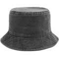 Detailed close-up of washed denim bucket hat with parallel stitching and metal eyelets - Black