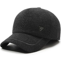 Men's wool blend herringbone baseball cap with ear protection for winter in dark grey - Adjustable 57-59cm / Black