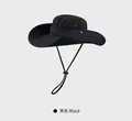 Detail of black wide brim sun hat featuring metal eyelets and adjustable chin strap - One Size 58-59cm / Black