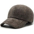 Men's wool blend herringbone baseball cap with warm ear flaps in brown tweed - Adjustable 57-59cm / Coffee