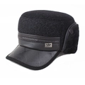 Casquette d'hiver pour homme noire avec protège-oreilles et texture en laine à carreaux - Taille Unique 58cm / Motif Sésame (Avec Protection de Cou)