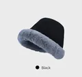 Winter double-sided fleece bucket hat for women with plush warm brim in black and grey - One Size 58cm / Black