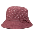 Detail of wine red sun hat with white leaf print and decorative fabric bow tie - Adjustable 56-59cm / Dark Red (Striped Bow)