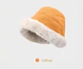 Warm yellow fleece bucket hat for women with wide white faux fur brim for winter - One Size 58cm / Yellow
