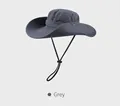 Detailed view of grey wide brim sun hat with adjustable drawstring and metal air vents - One Size 58-59cm / Gray