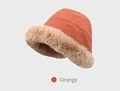 Winter orange fleece bucket hat for women with beige faux fur trim and wide brim design - One Size 58cm / Orange