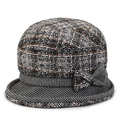 Cappello cloche vintage invernale in lana a quadri con fiocco decorativo da donna - Regolabile 57-59cm / Caffè Chiaro